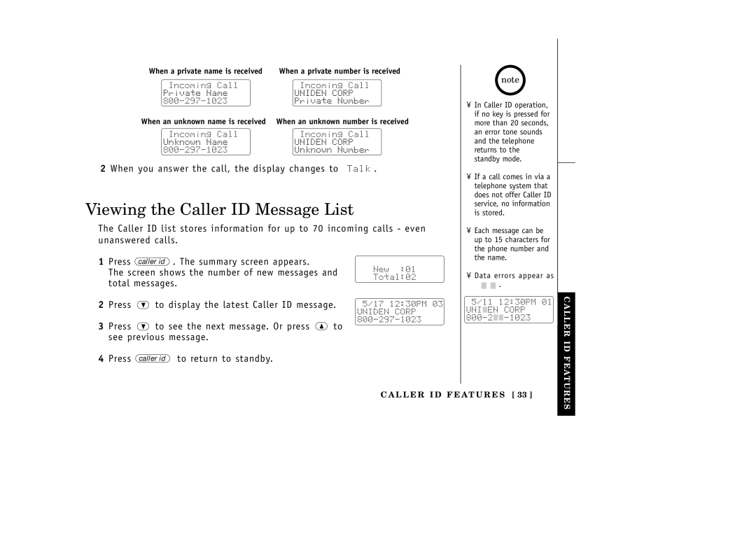 Uniden EXI3965 manual Viewing the Caller ID Message List, When you answer the call, the display changes to Talk 