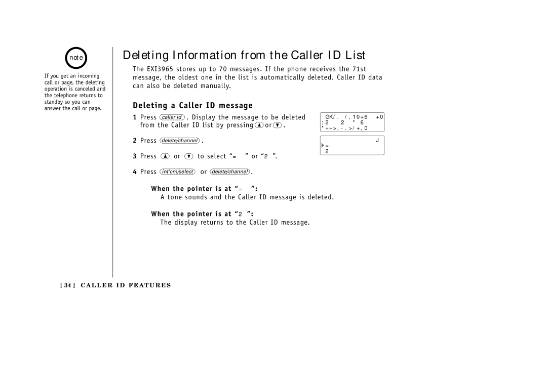 Uniden EXI3965 Deleting Information from the Caller ID List, Deleting a Caller ID message, When the pointer is at Yes 