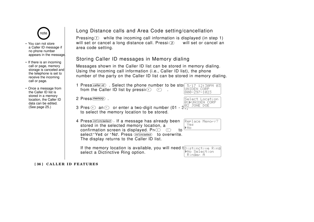 Uniden EXI3965 manual Long Distance calls and Area Code setting/cancellation, Storing Caller ID messages in Memory dialing 