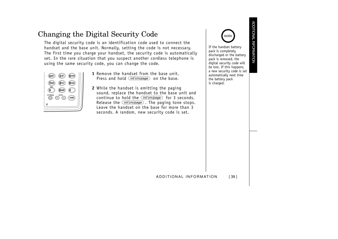 Uniden EXI3965 manual Changing the Digital Security Code, Remove the handset from the base unit 