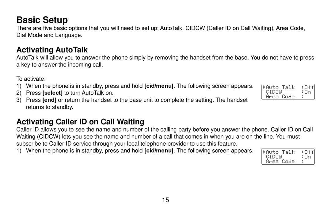 Uniden EXI4560 manual Basic Setup, Activating AutoTalk, Activating Caller ID on Call Waiting 