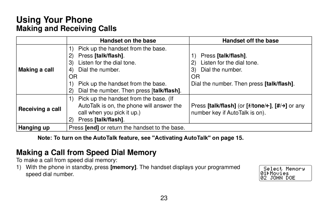 Uniden EXI4560 manual Using Your Phone, Making and Receiving Calls, Making a Call from Speed Dial Memory 