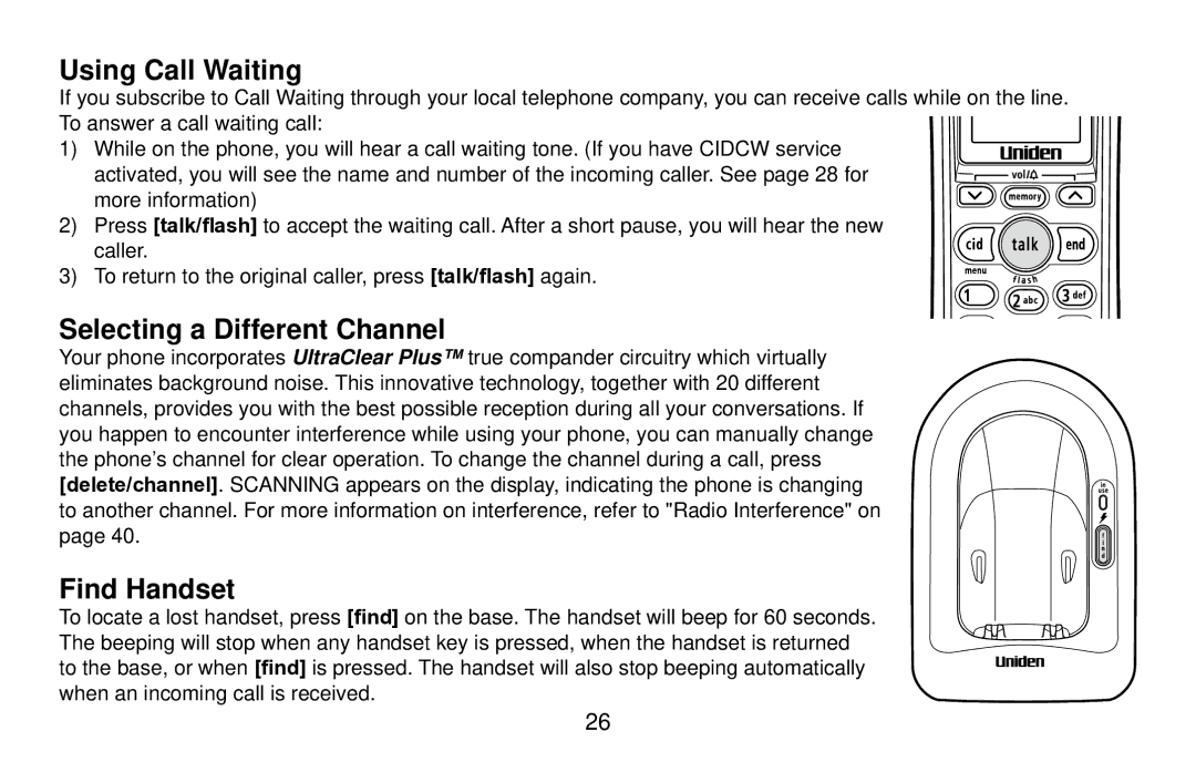 Uniden EXI4560 manual Using Call Waiting, Selecting a Different Channel, Find Handset 