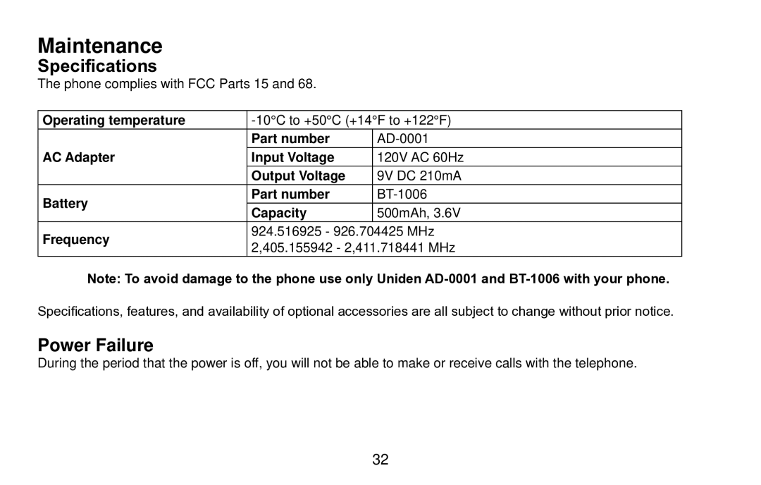 Uniden EXI4560 manual Maintenance, Specifications, Power Failure 