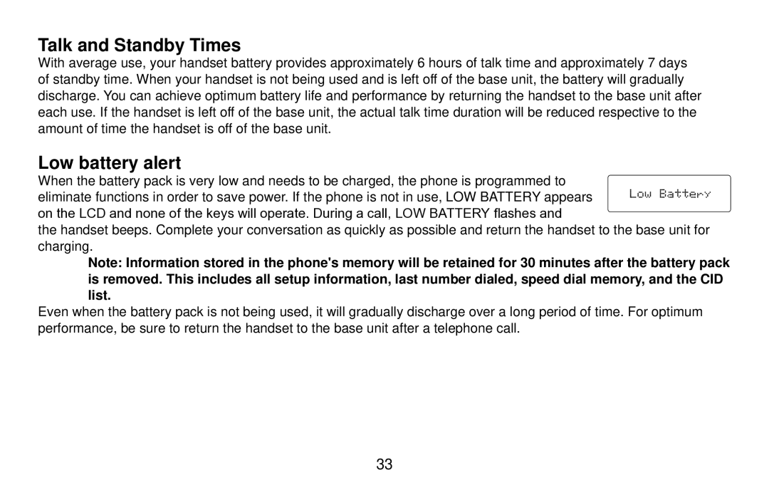 Uniden EXI4560 manual Talk and Standby Times, Low battery alert 