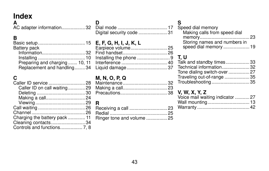 Uniden EXI4560 manual Index, G, H, I, J, K, L, O, P, Q, X, Y, Z 