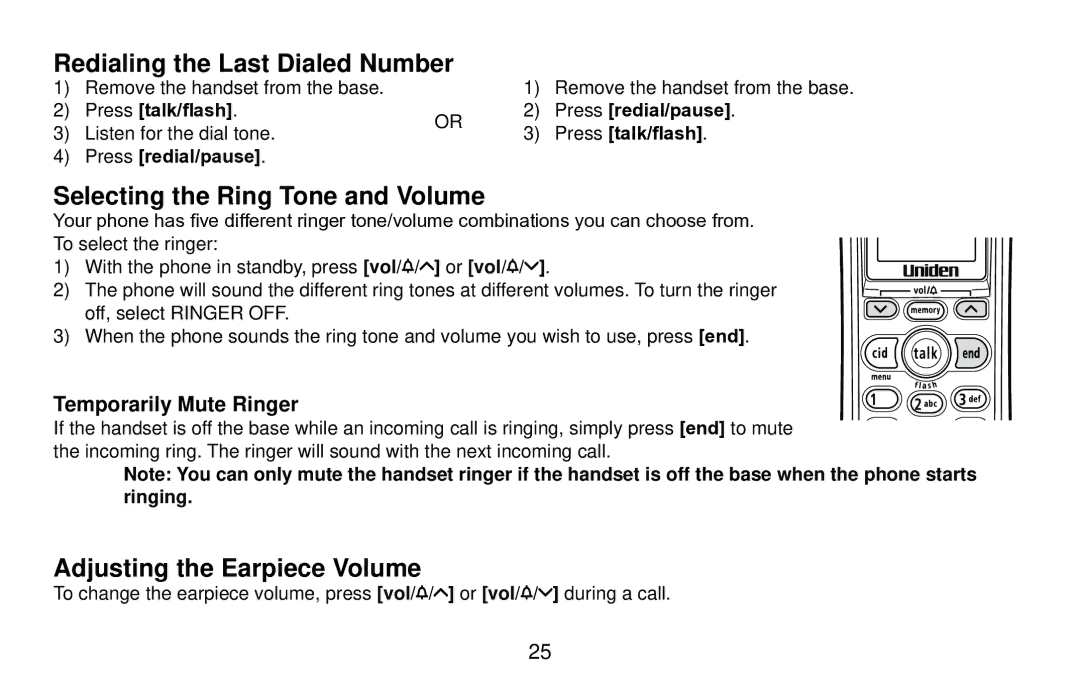 Uniden EXI4561 manual Redialing the Last Dialed Number, Selecting the Ring Tone and Volume, Adjusting the Earpiece Volume 