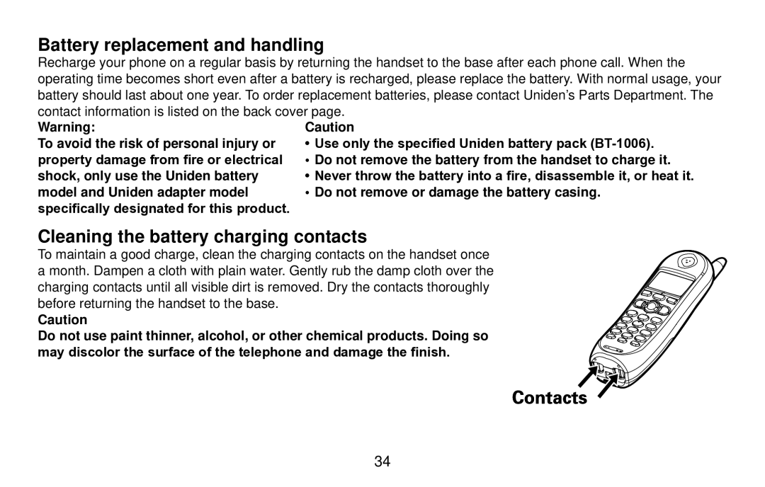 Uniden EXI4561 manual Battery replacement and handling, Cleaning the battery charging contacts 