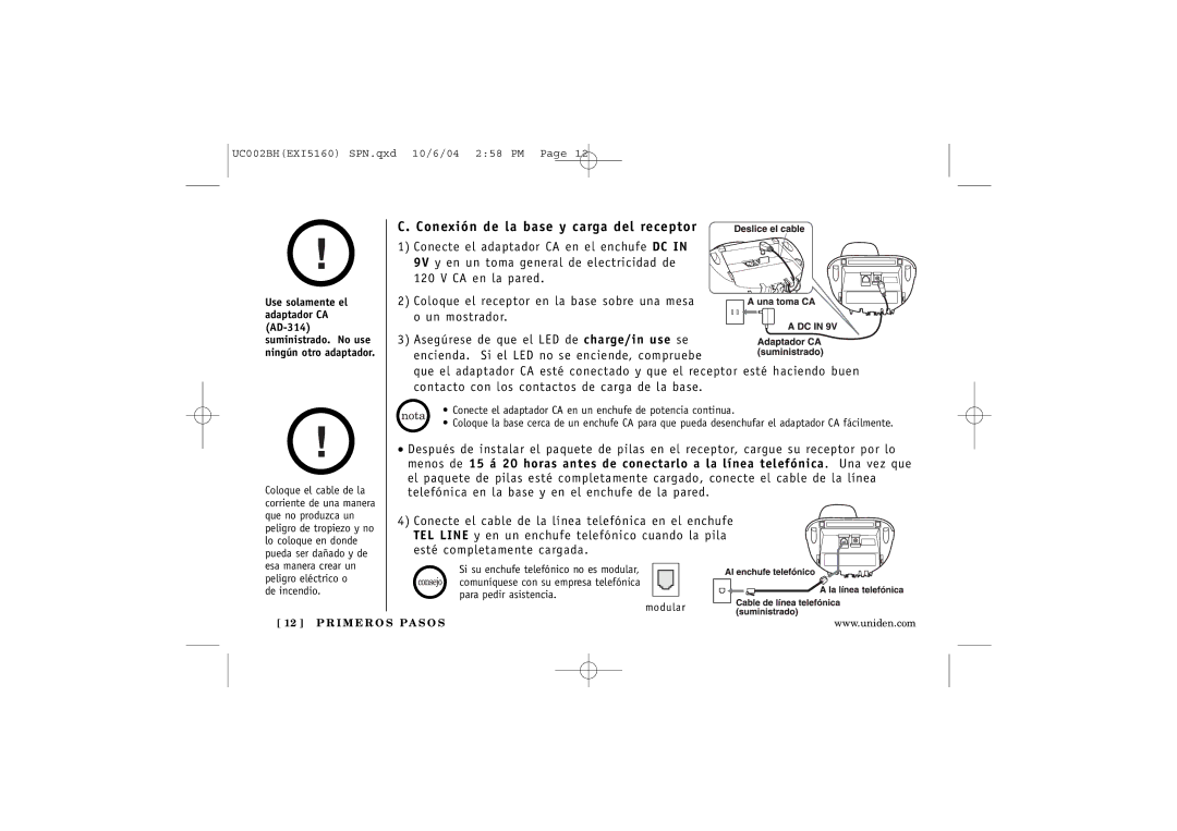 Uniden EXI5160 manual Conexión de la base y carga del receptor 