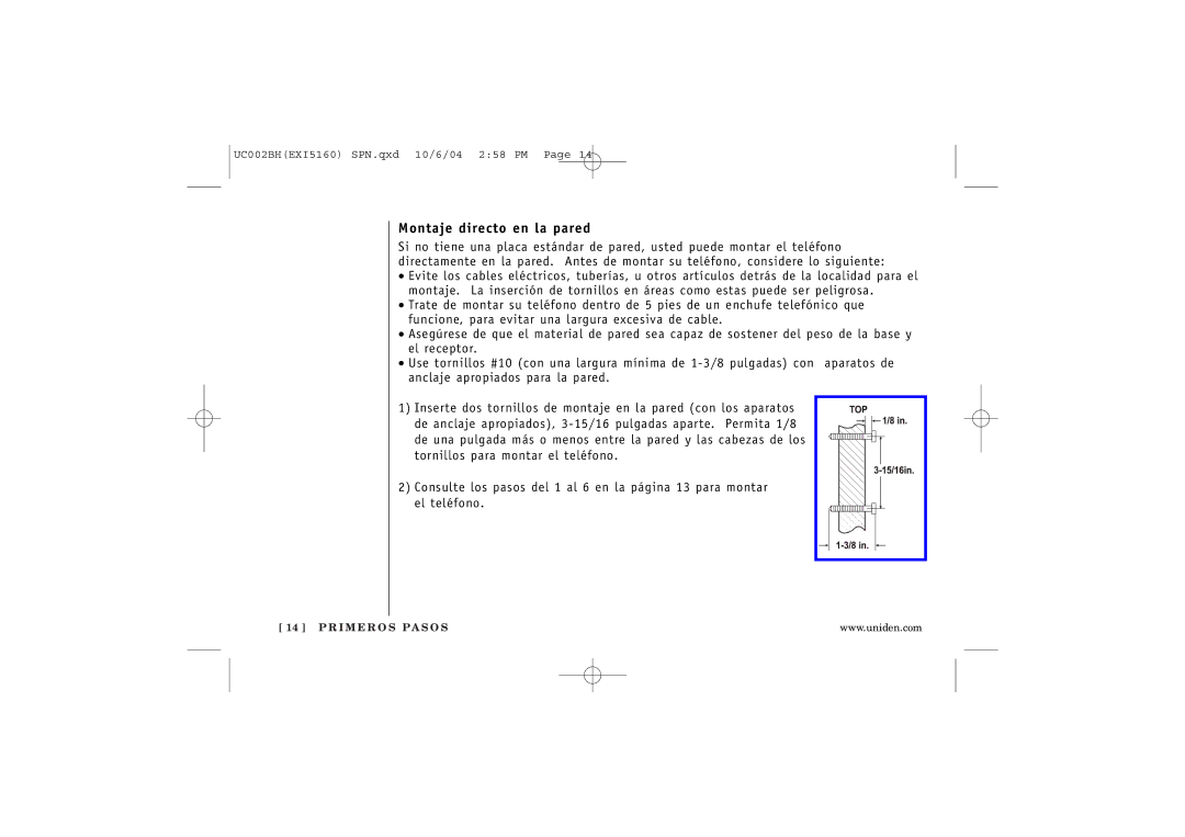 Uniden EXI5160 manual Montaje directo en la pared 