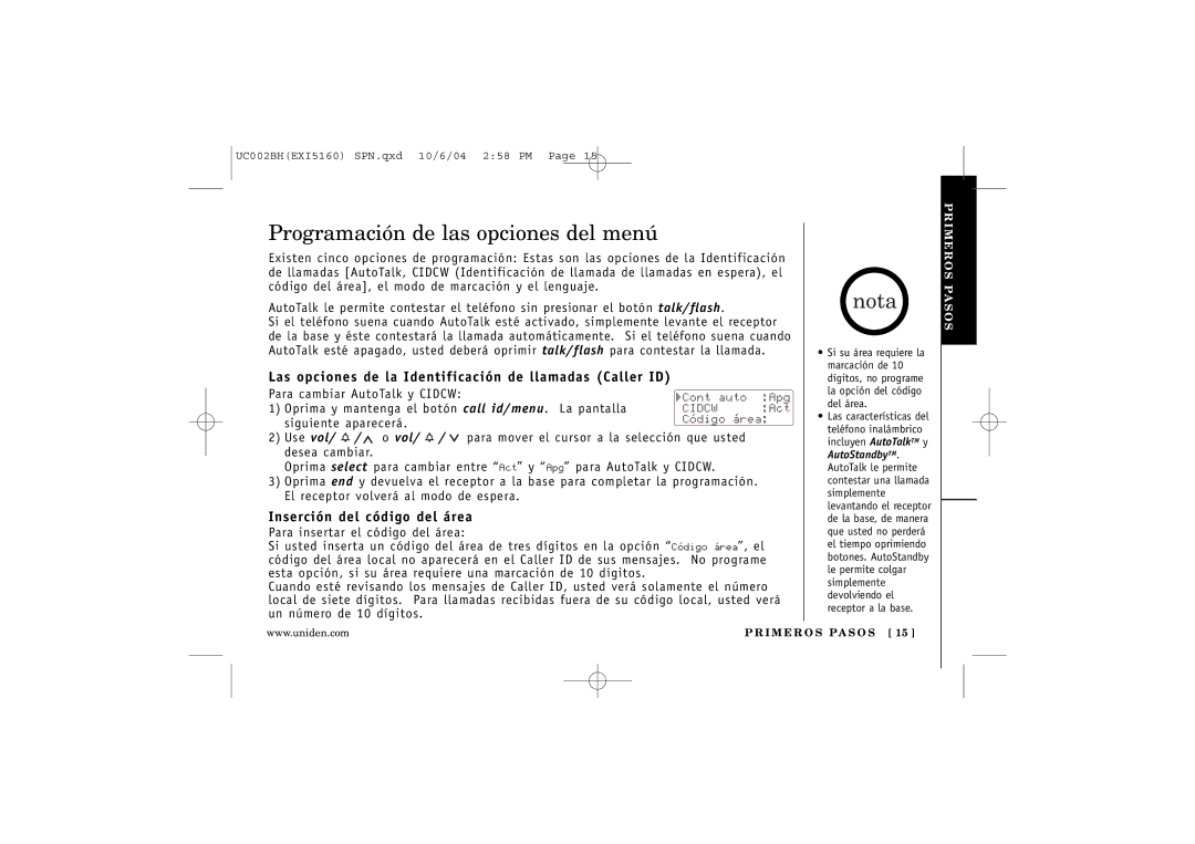 Uniden EXI5160 manual Programación de las opciones del menú, Las opciones de la Identificación de llamadas Caller ID 