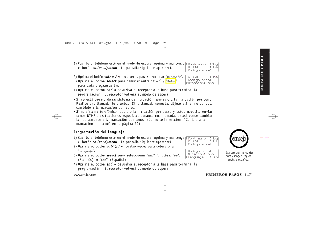 Uniden EXI5160 manual Programación del lenguaje, El botón caller id/menu 