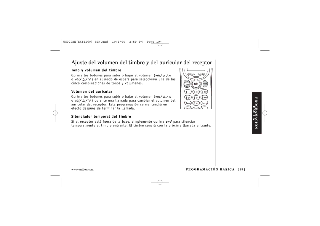 Uniden EXI5160 manual Tono y volumen del timbre, Volumen del auricular, Silenciador temporal del timbre 