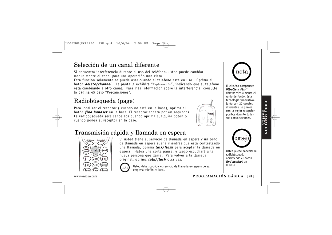 Uniden EXI5160 manual Selección de un canal diferente, Radiobúsqueda, Transmisión rápida y llamada en espera 