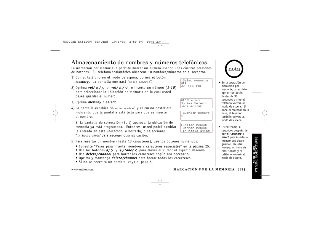 Uniden EXI5160 manual Almacenamiento de nombres y números telefónicos, Oprima memory o select 