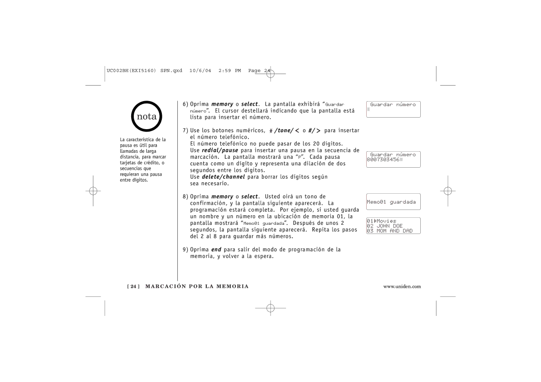 Uniden EXI5160 manual John DOE MOM and DAD 