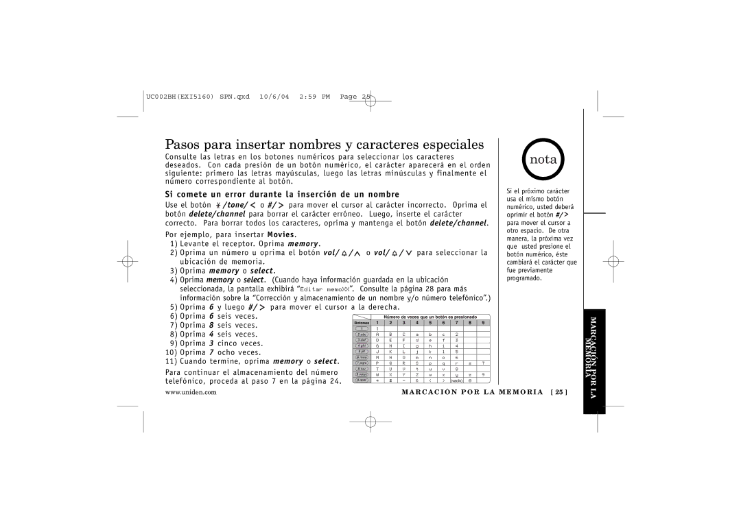 Uniden EXI5160 Pasos para insertar nombres y caracteres especiales, Si comete un error durante la inserción de un nombre 