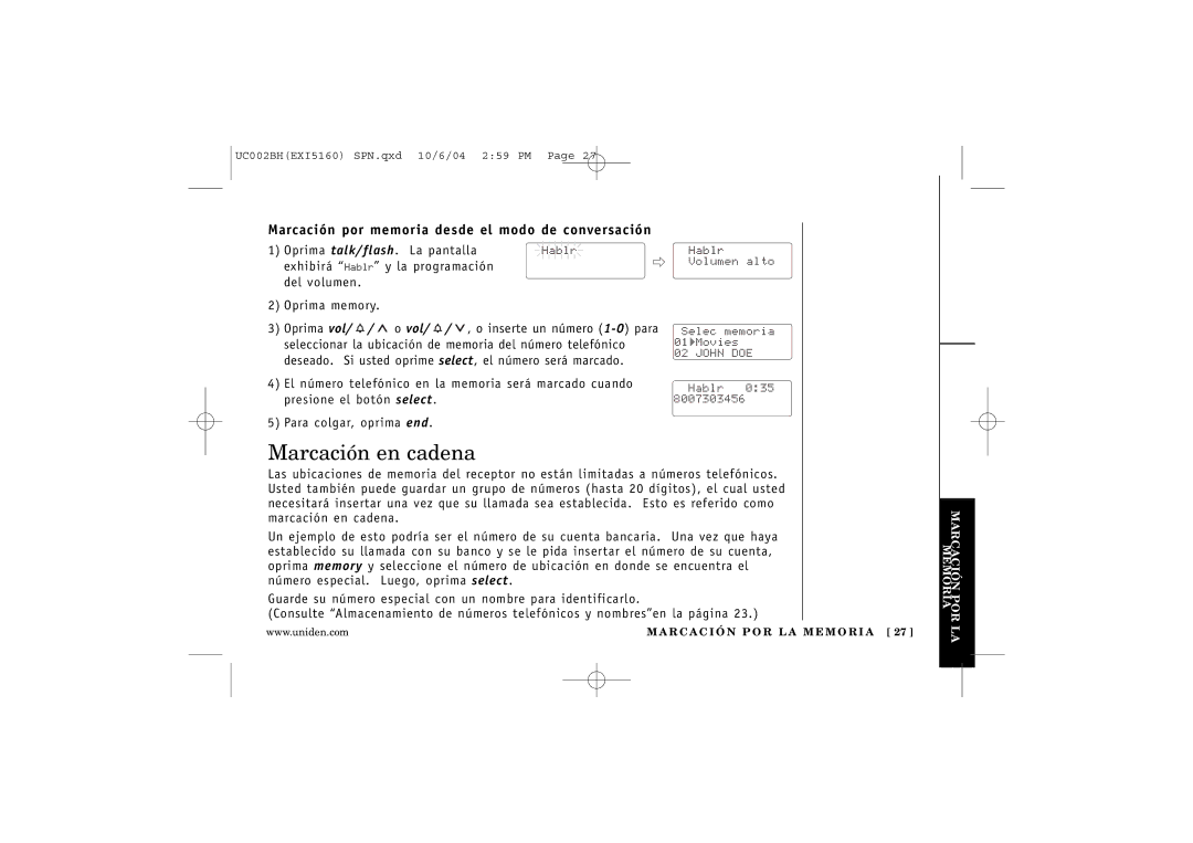 Uniden EXI5160 manual Marcación en cadena, Marcación por memoria desde el modo de conversación 