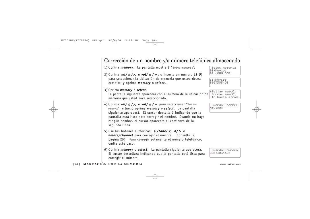 Uniden EXI5160 manual Corrección de un nombre y/o número telefónico almacenado 