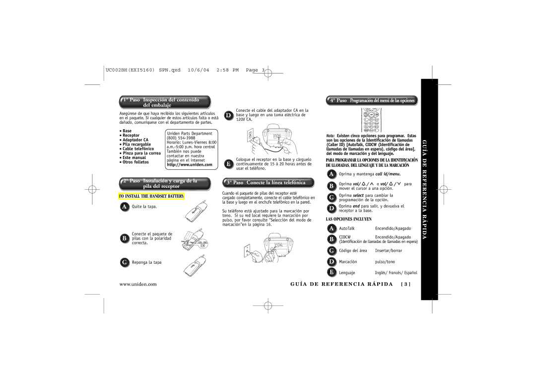 Uniden EXI5160 manual Paso Inspección del contenido del embalaje 