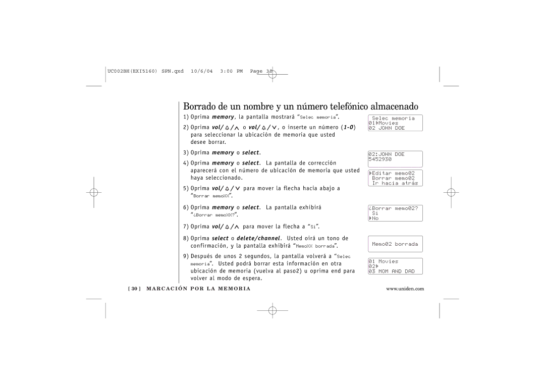 Uniden EXI5160 manual Borrado de un nombre y un número telefónico almacenado 