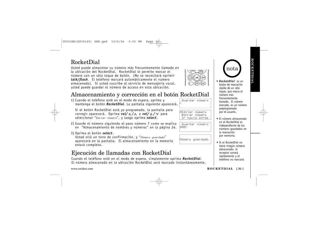 Uniden EXI5160 manual Almacenamiento y corrección en el botón RocketDial, Ejecución de llamadas con RocketDial 