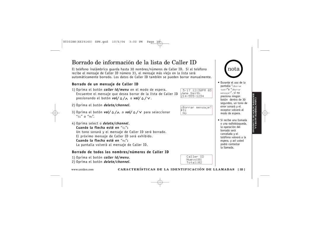 Uniden EXI5160 manual Borrado de información de la lista de Caller ID, Borrado de un mensaje de Caller ID 