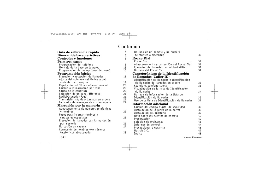 Uniden EXI5160 manual Contenido, Programación básica 