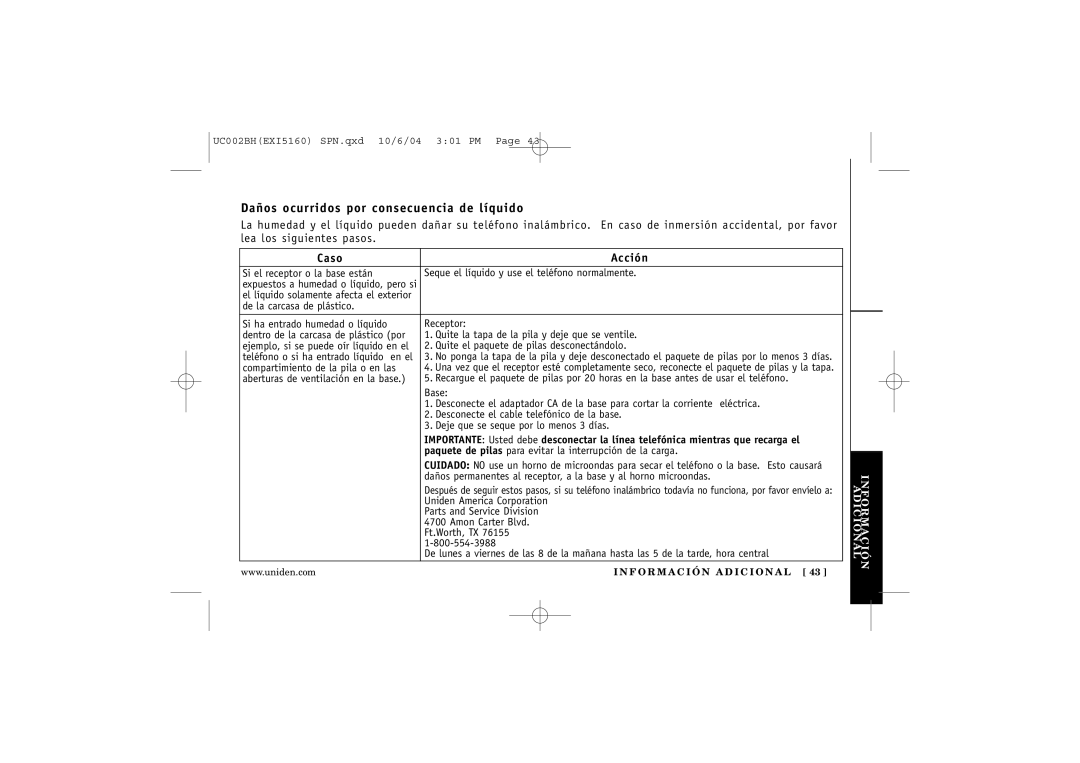 Uniden EXI5160 manual Daños ocurridos por consecuencia de líquido, Caso Acción 