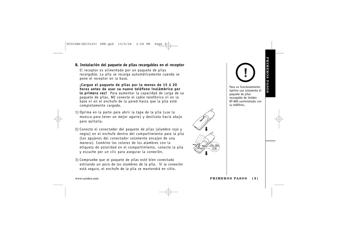 Uniden EXI5160 manual Instalación del paquete de pilas recargables en el receptor 