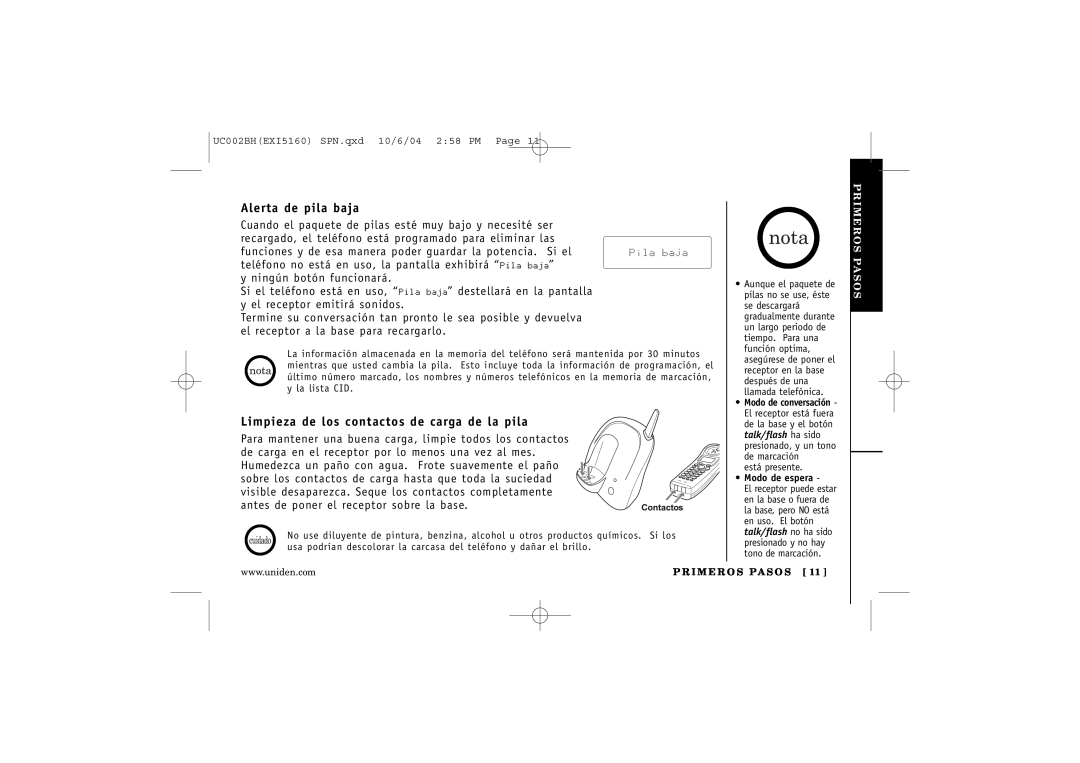 Uniden EXI5160 manual Alerta de pila baja, Limpieza de los contactos de carga de la pila 