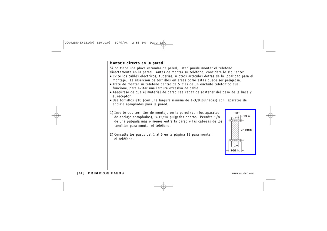 Uniden EXI5160 manual Montaje directo en la pared, P R I M E R O S Pa S O S 