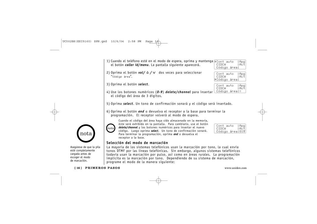 Uniden EXI5160 manual Selección del modo de marcación 