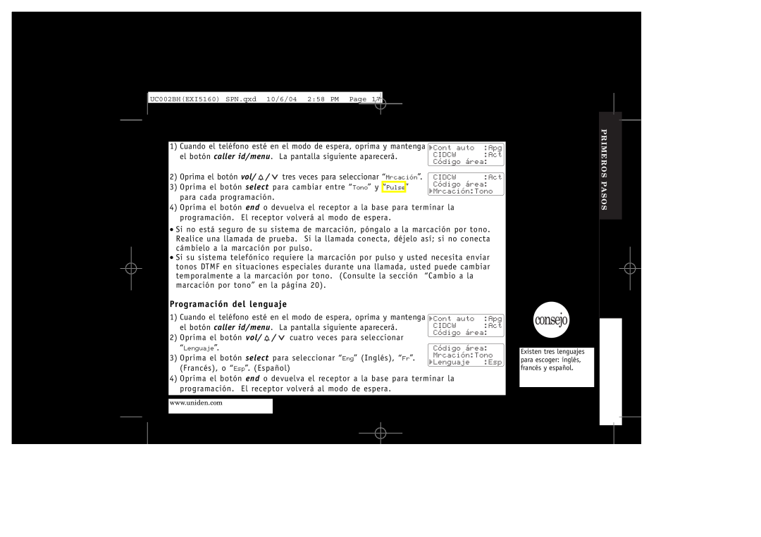 Uniden EXI5160 manual Programación del lenguaje, el botón caller id/menu 