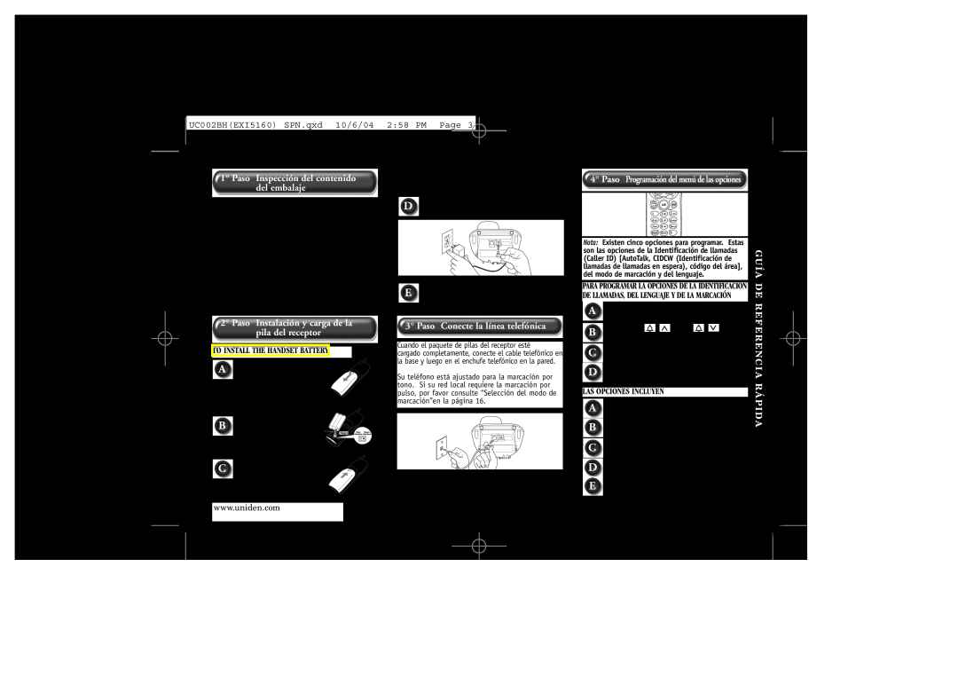 Uniden manual UC002BHEXI5160 SPN.qxd 10/6/04 258 PM Page, Paso Inspección del contenido del embalaje, Guía De 