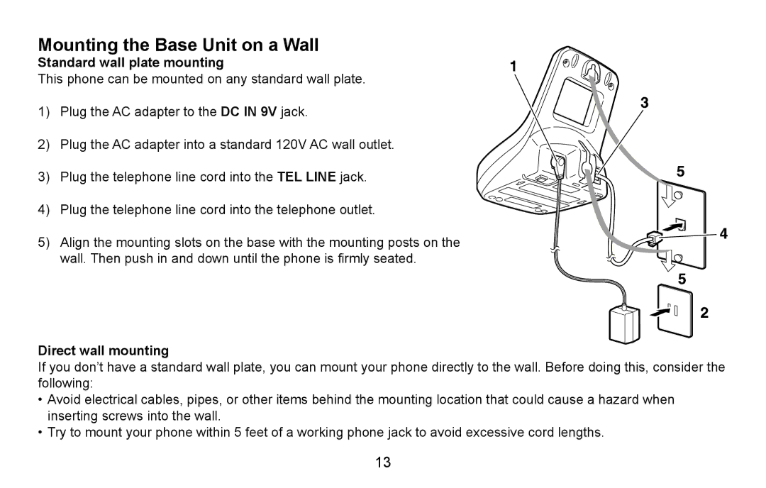 Uniden EXI5660 Series manual Mounting the Base Unit on a Wall, Direct wall mounting 