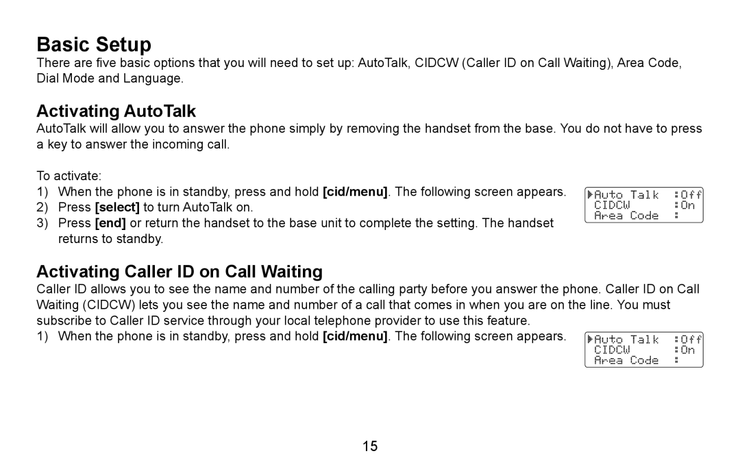Uniden EXI5660 Series manual Basic Setup, Activating AutoTalk, Activating Caller ID on Call Waiting 