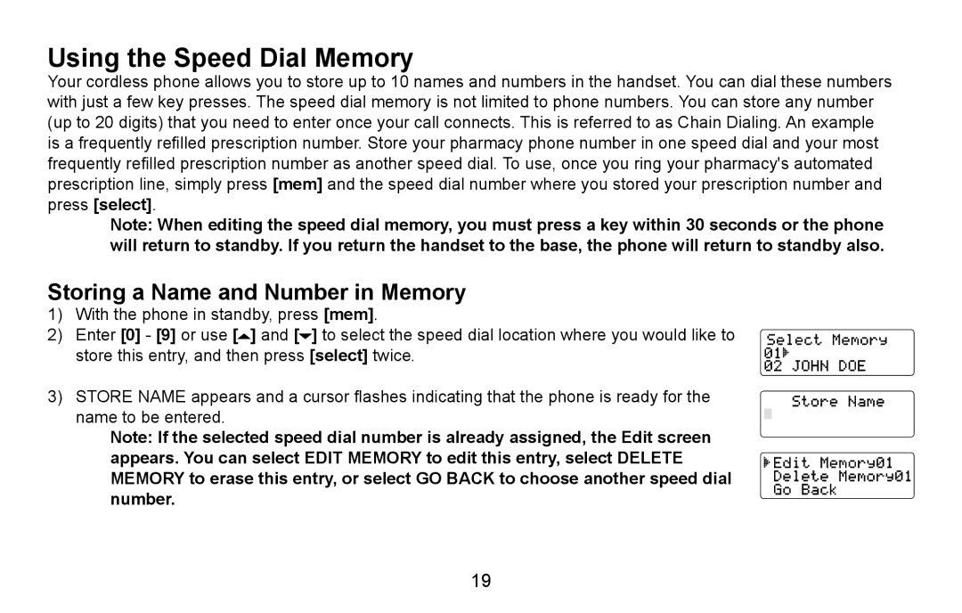 Uniden EXI5660 Series manual Using the Speed Dial Memory, Storing a Name and Number in Memory 