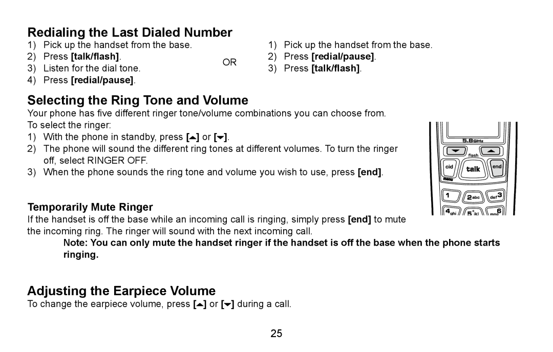 Uniden EXI5660 Series Redialing the Last Dialed Number, Selecting the Ring Tone and Volume, Adjusting the Earpiece Volume 