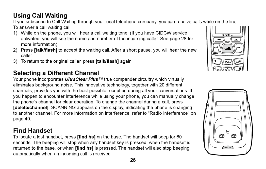 Uniden EXI5660 Series manual Using Call Waiting, Selecting a Different Channel, Find Handset 