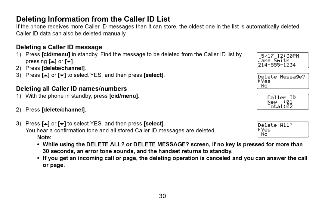 Uniden EXI5660 Series Deleting Information from the Caller ID List, Deleting a Caller ID message, Press delete/channel 