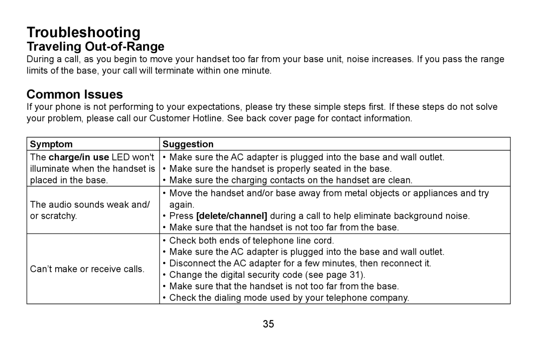 Uniden EXI5660 Series Troubleshooting, Traveling Out-of-Range, Common Issues, Symptom Suggestion Charge/in use LED wont 