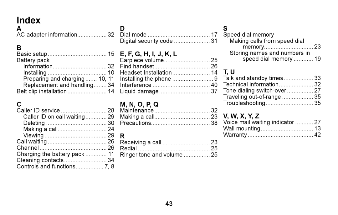 Uniden EXI5660 Series manual Index, G, H, I, J, K, L, O, P, Q, X, Y, Z 