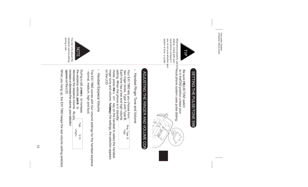 Uniden EXI7960 manual Setting the PULSE/TONE Switch, Handset Ringer Tone and Volume, Handset Earpiece Volume 