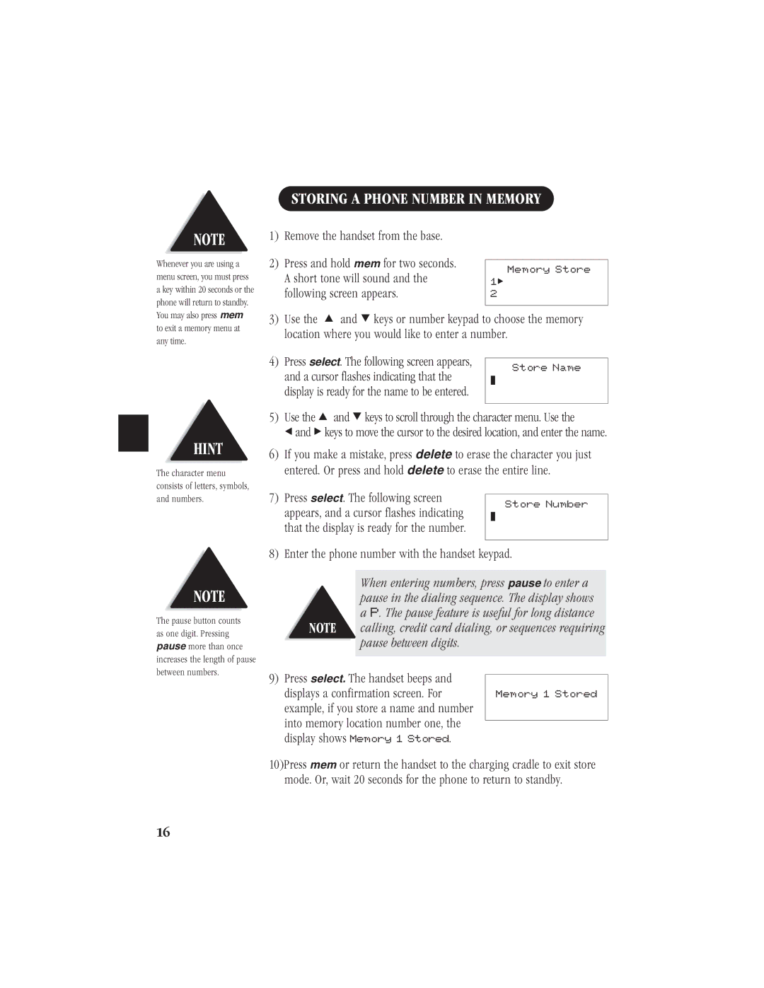 Uniden EXI7960 manual Hint, Storing a Phone Number in Memory 