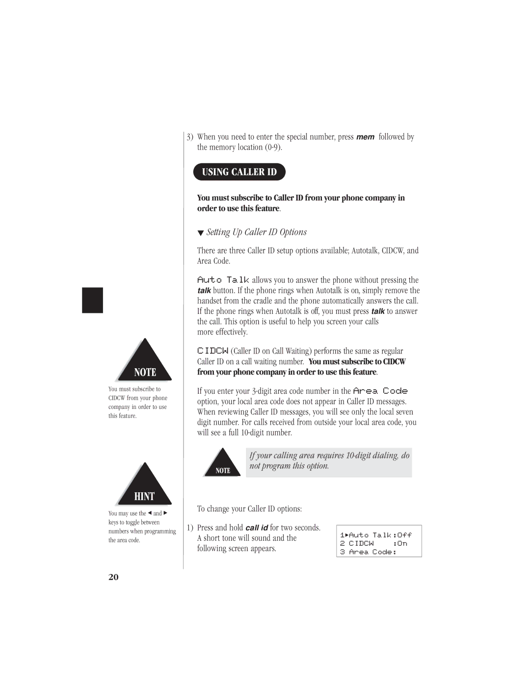 Uniden EXI7960 manual Using Caller ID, Setting Up Caller ID Options 