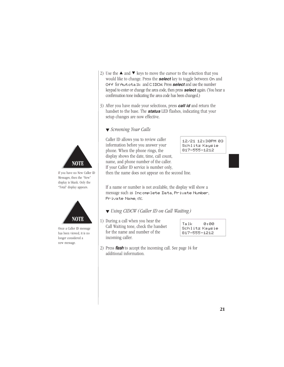 Uniden EXI7960 manual Screening Your Calls, Using Cidcw Caller ID on Call Waiting 