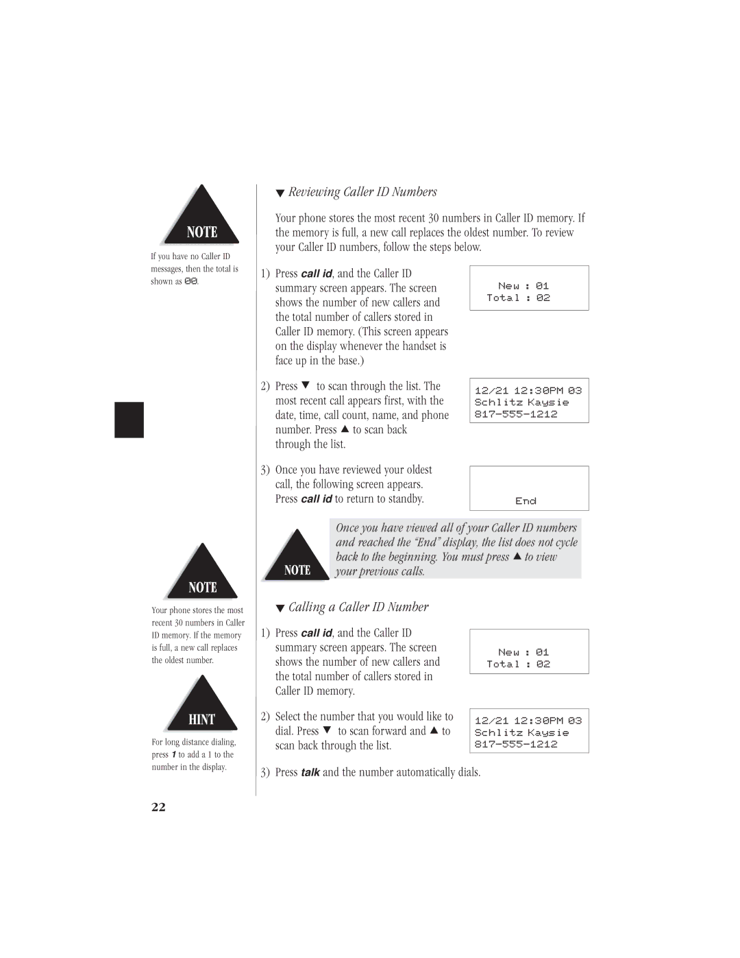 Uniden EXI7960 manual Reviewing Caller ID Numbers, Calling a Caller ID Number 