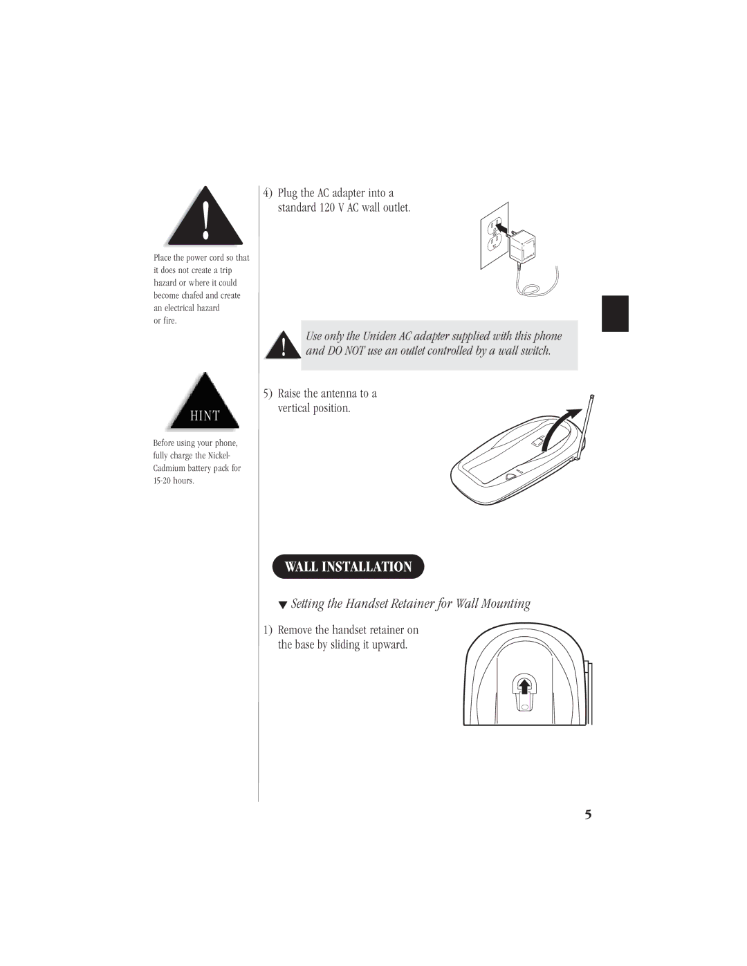 Uniden EXI7960 manual Wall Installation, Setting the Handset Retainer for Wall Mounting 