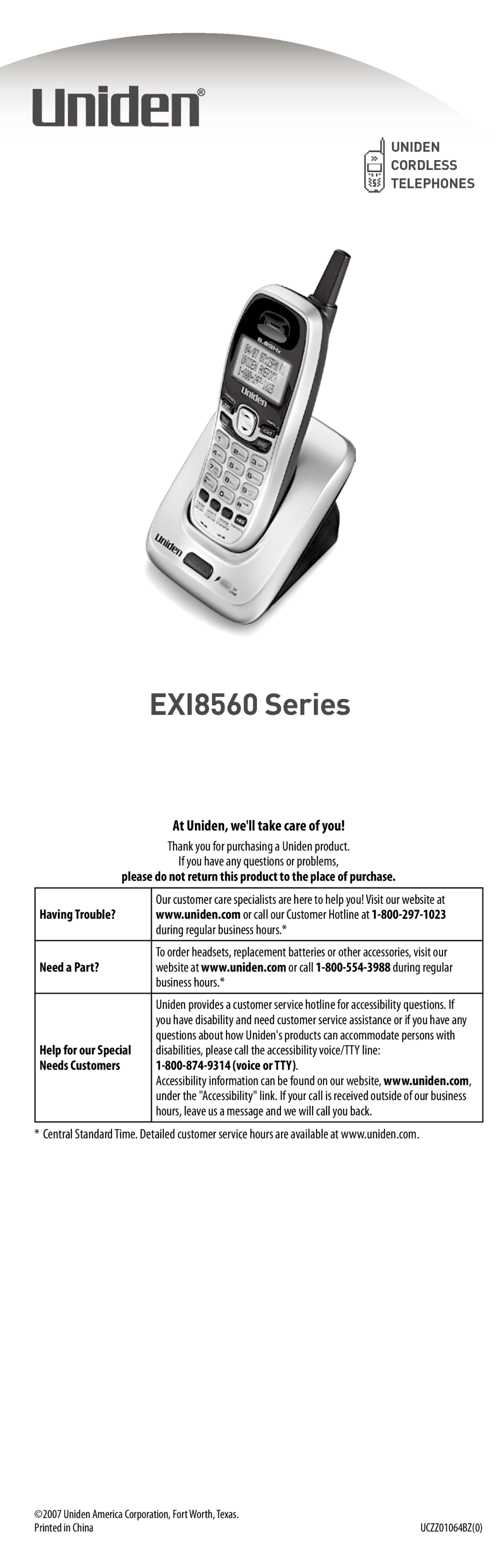 Uniden EXI8560 manual At Uniden, well take care of you, Please do not return this product to the place of purchase 